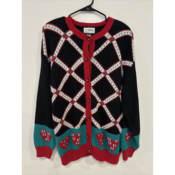 Vintage Yarnworks Tacky Christmas Sweater Hearts Jingle Bell Buttons Size Large - Picture 1 of 10